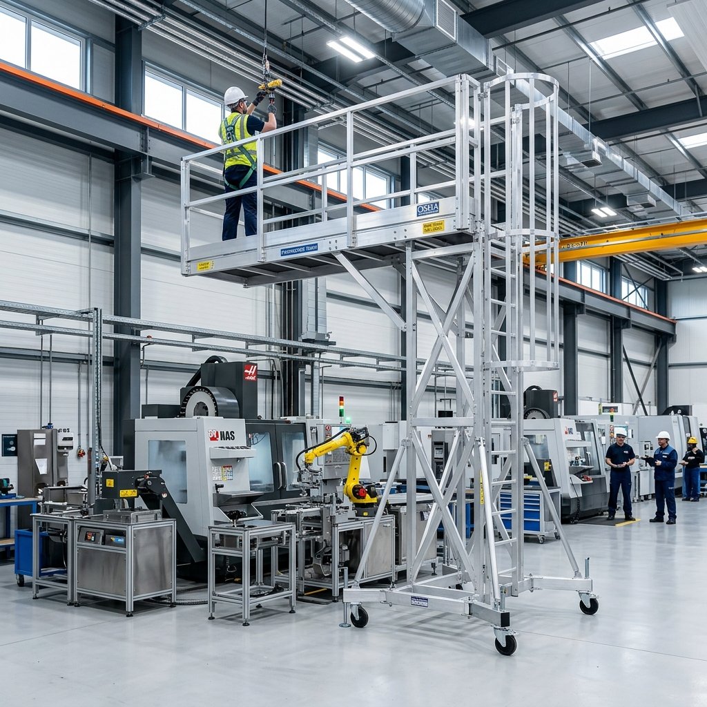 Cantilever aluminium tower ladder reaching over an obstruction