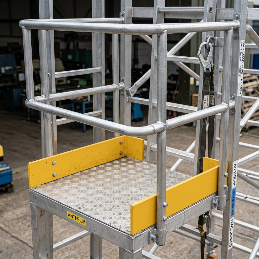 Aluminium platform ladder with perimeter safety rail and anti-skid deck