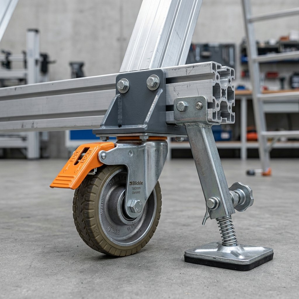 Tower ladder base with outrigger stabiliser braces and locking wheels