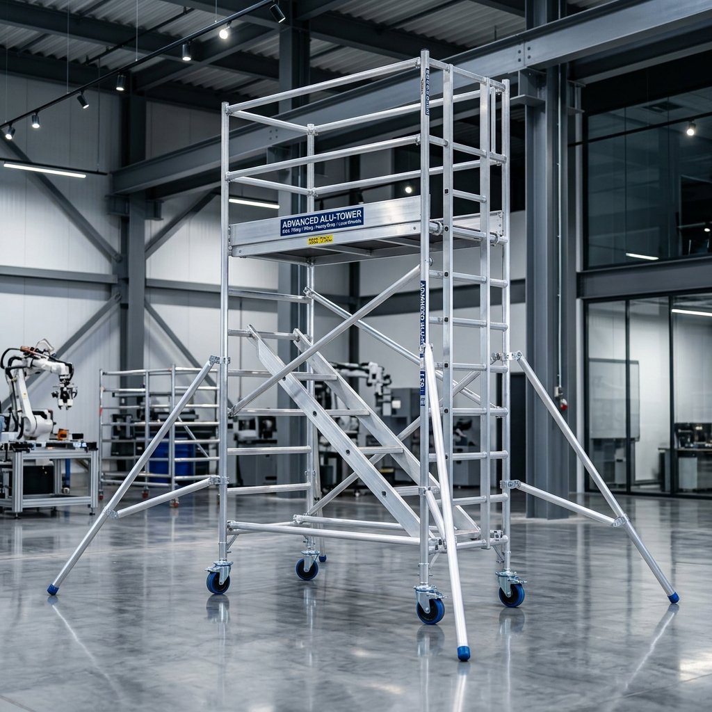MSJ mobile aluminium tower ladder with guard rail and locking castors